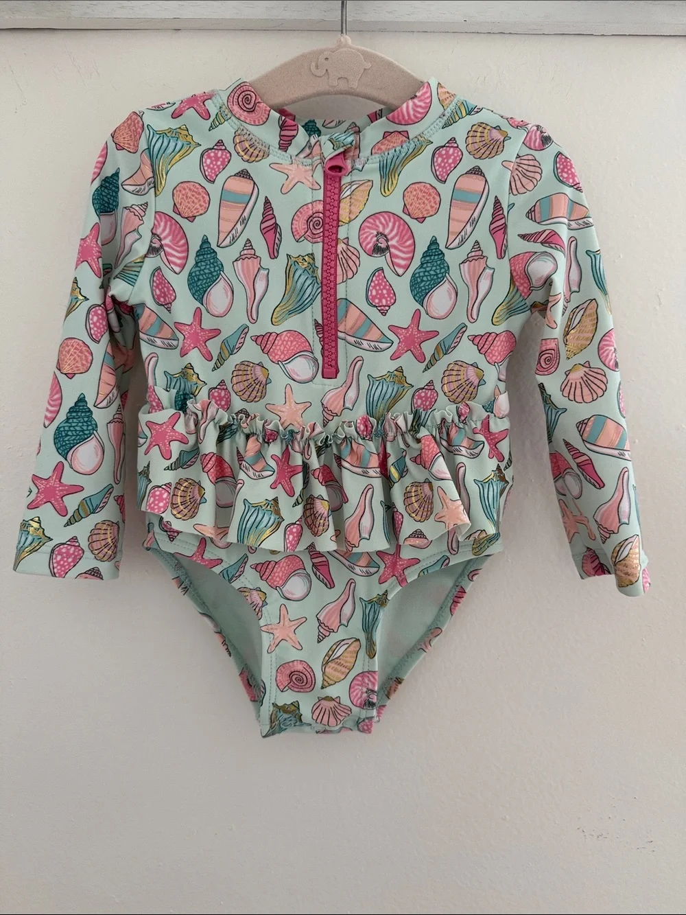 Flapdoodles Baby 12 m Long-Sleeve Seashell Ruffle One-Piece Swimsuit - Pink